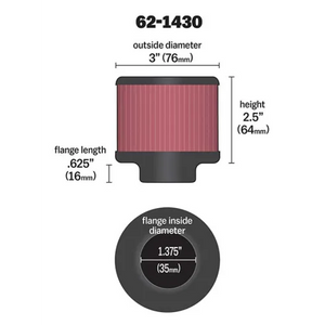 K&N Crank case vent air filter - 35mm ID, Rubber Top - 76mm OD
