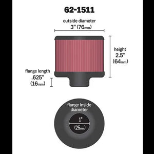 K&N Crank case vent air filter - 25mm ID, Chrome Top