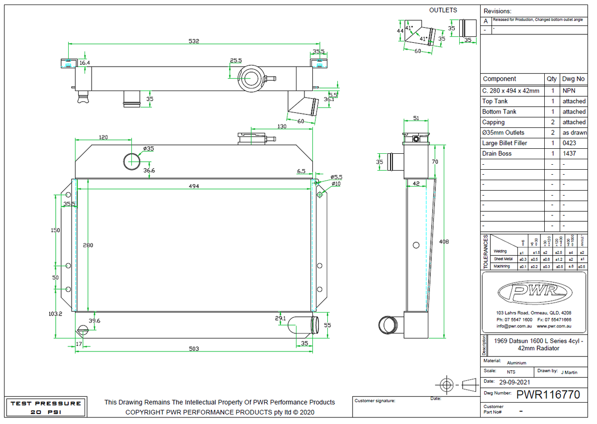 PWR 42mm Radiator - Datsun 1600 L Series 4cyl 67-73 (sideways lower hose)