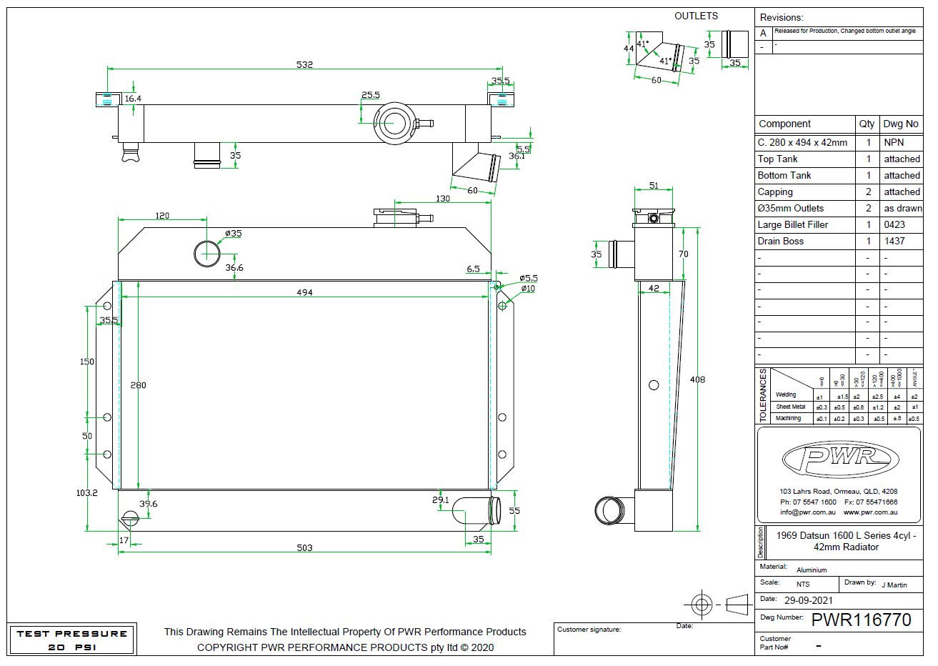 PWR 42mm Radiator - Datsun 1600 L Series 4cyl 67-73 (sideways lower hose)