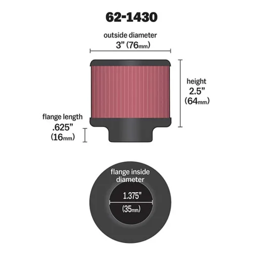 K&N Crank case vent air filter - 35mm ID, Rubber Top - 76mm OD