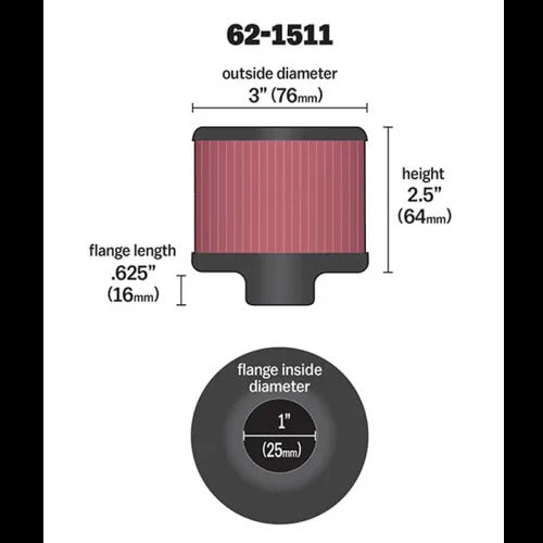 K&N Crank case vent air filter - 25mm ID, Chrome Top