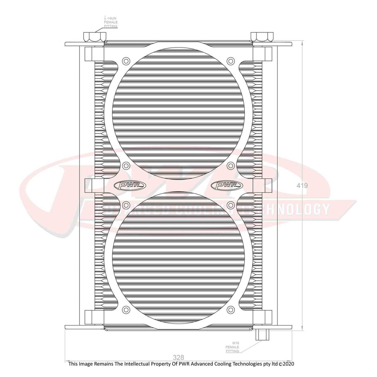 PWR Engine Oil Cooler - Plate and Fin 280 x 423 x 37mm - 48 Row suits 2 x 8" SPAL Fans, Temp Switch Boss
