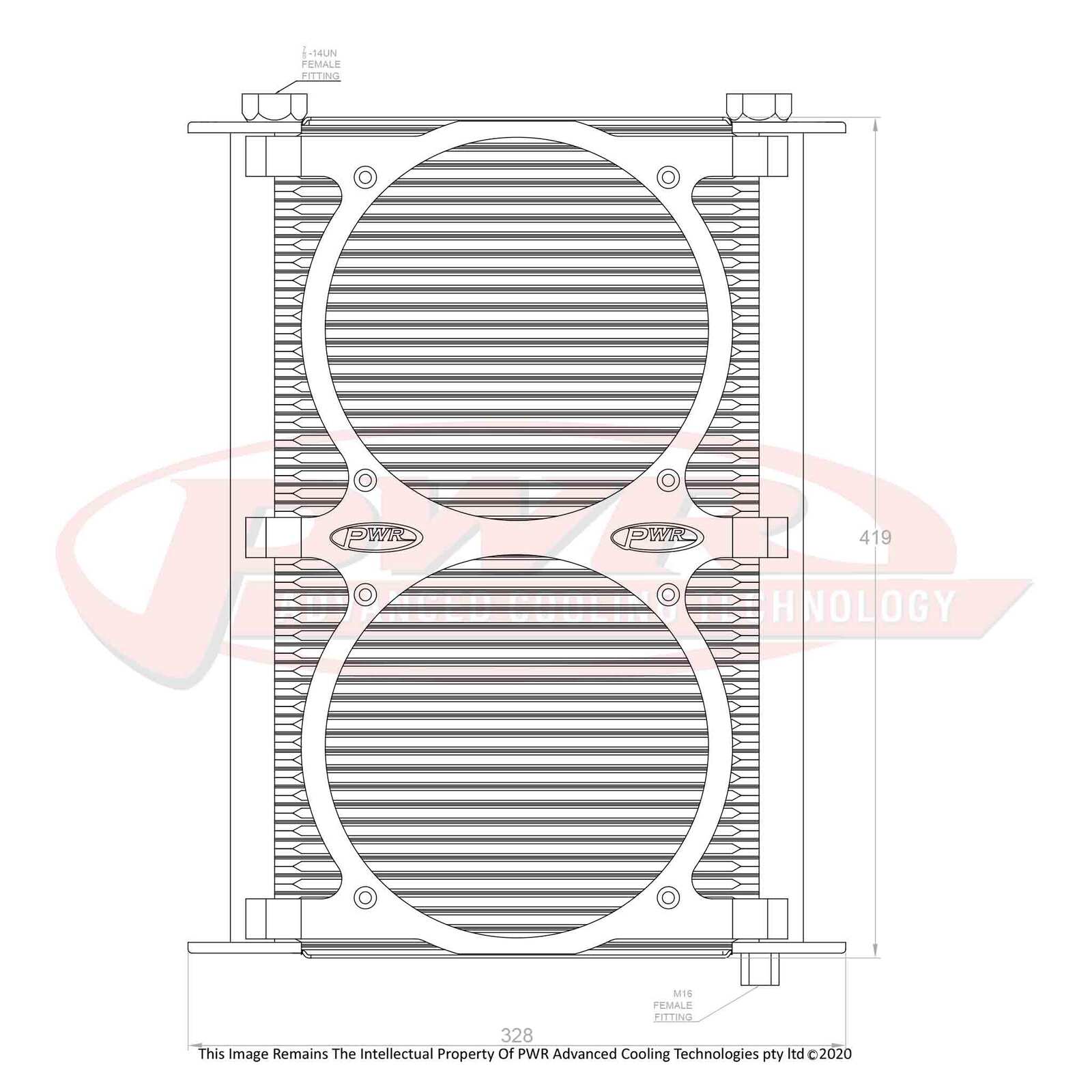 PWR Engine Oil Cooler - Plate and Fin 280 x 423 x 37mm - 48 Row suits 2 x 8" SPAL Fans, Temp Switch Boss